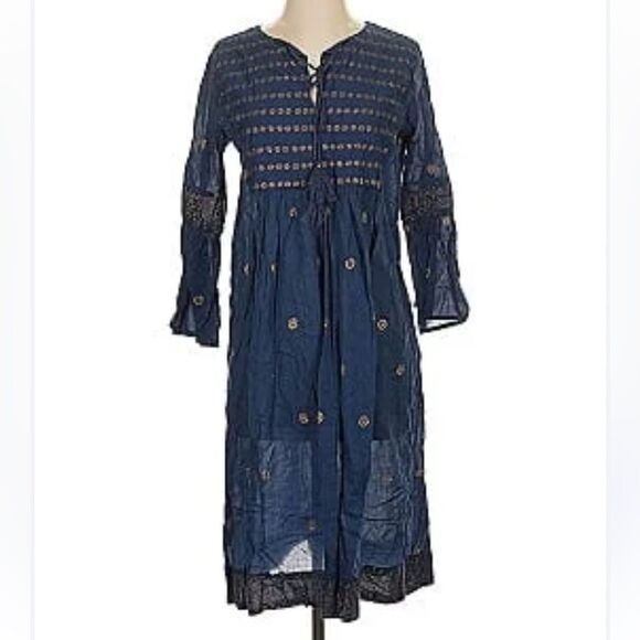 Cost Plus World Market Blue Tunic with Gold Embroidery - Picture 1 of 6